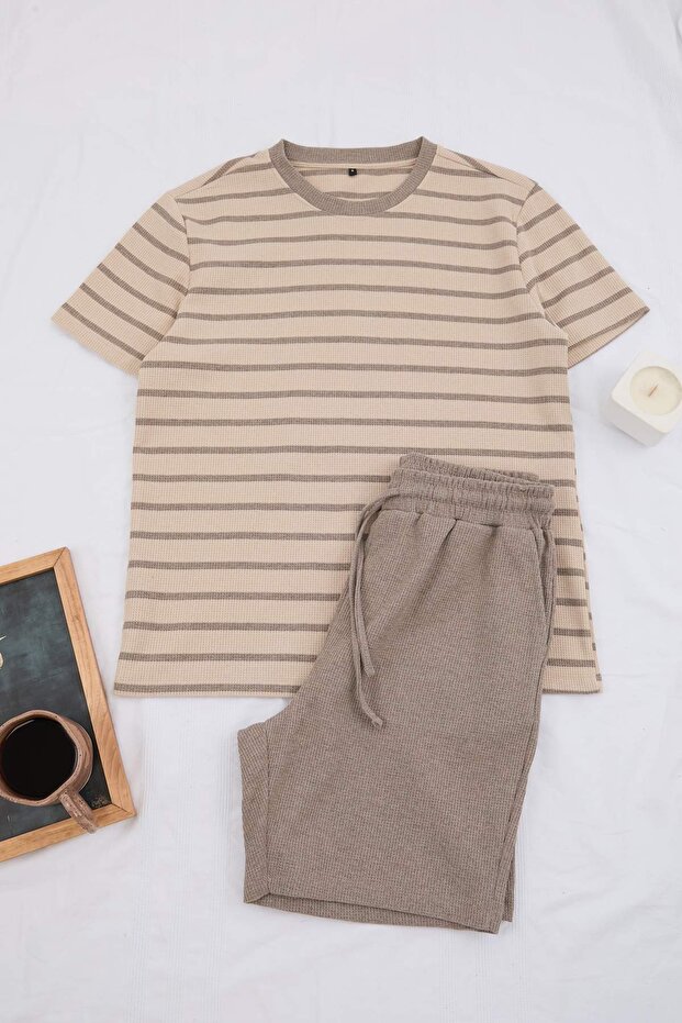 Kahverengi-Ekru Regular Kesim Çizgili Dokulu Pijama Takımı TMNSS26PT00043 - 4
