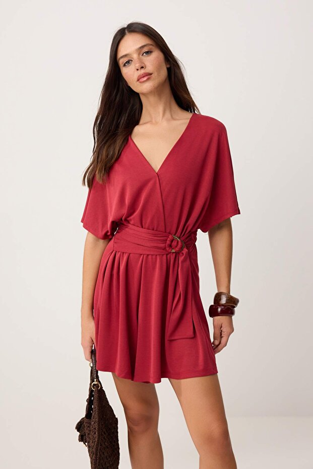 Red Shift Double Breasted Short Sleeve Belted Short / Mini Textured Knitted Jumpsuit Twoss26Tu00047
