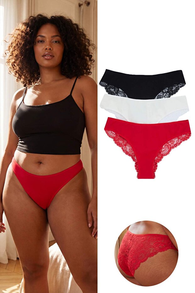 Siyah-Kırmızı-Ten 3'lü Paket Pamuklu Dantel Detaylı Tanga Örme Külot TBBSS26CM00026 - 1