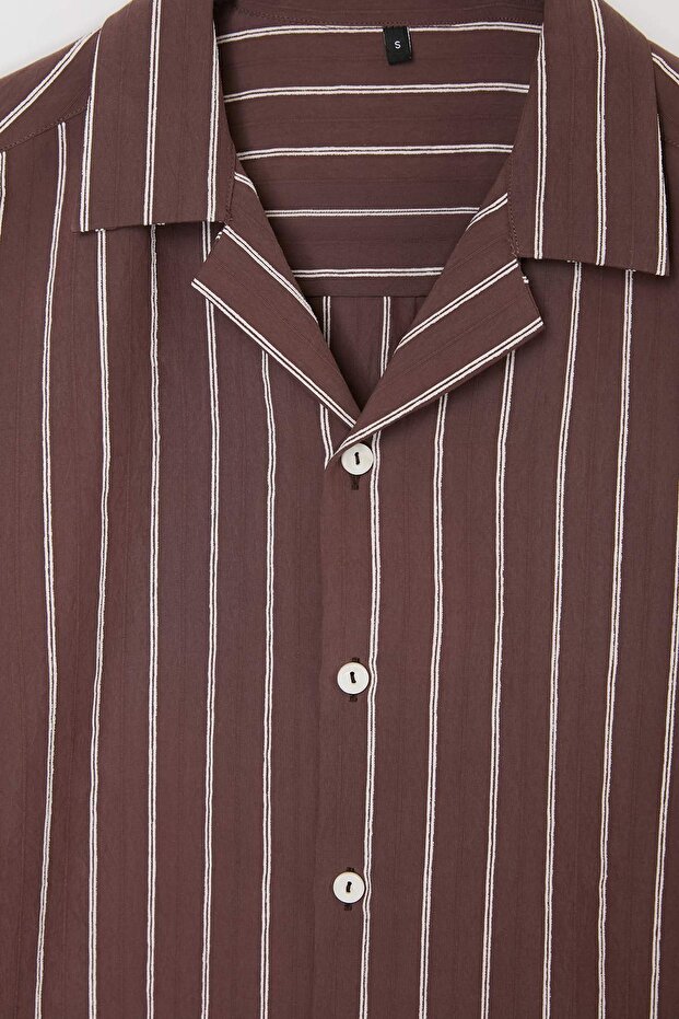Kahverengi Oversize Çizgili Mevsimlik Erkek Gömlek TMNSS26GO00024 - 5