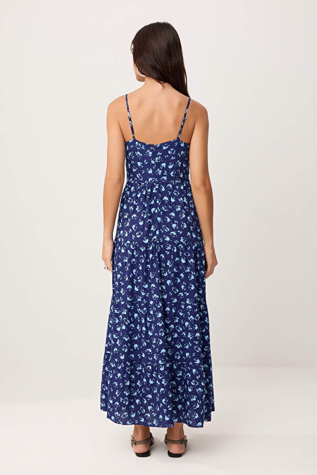 Indigo A Kesim Çiçek Desenli Boho Askılı Midi Dokuma Elbise TWOSS21EL1341 - 4