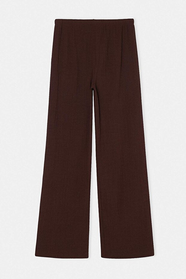 Kahverengi Dokulu Beli Bağcıklı Geniş Paça Büyük Beden Pantolon TBBSS26AR00038 - 7