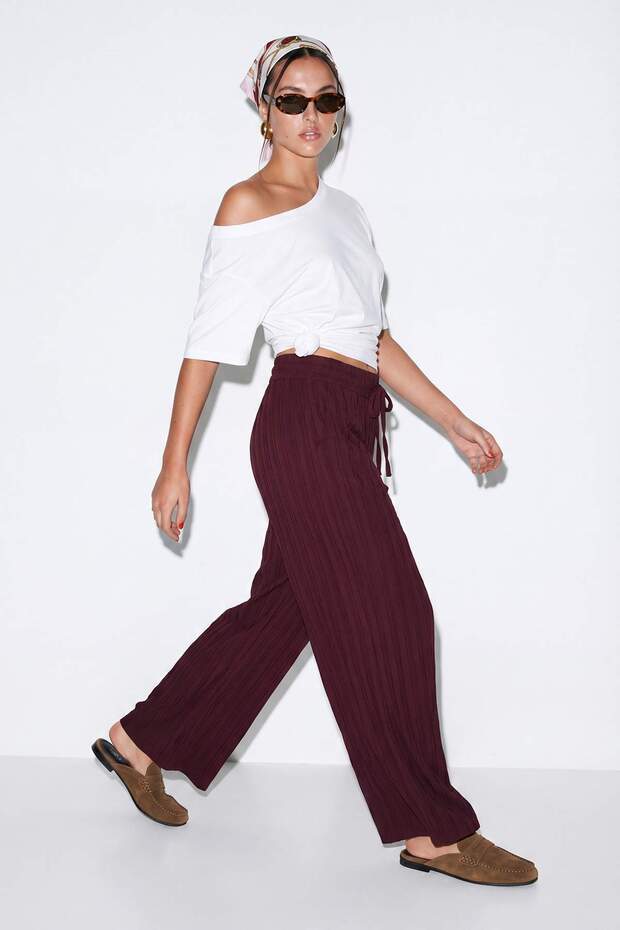 Bordo Geniş Paça Rahat Kalıp Pantolon TDRSS26PL00012 - 3