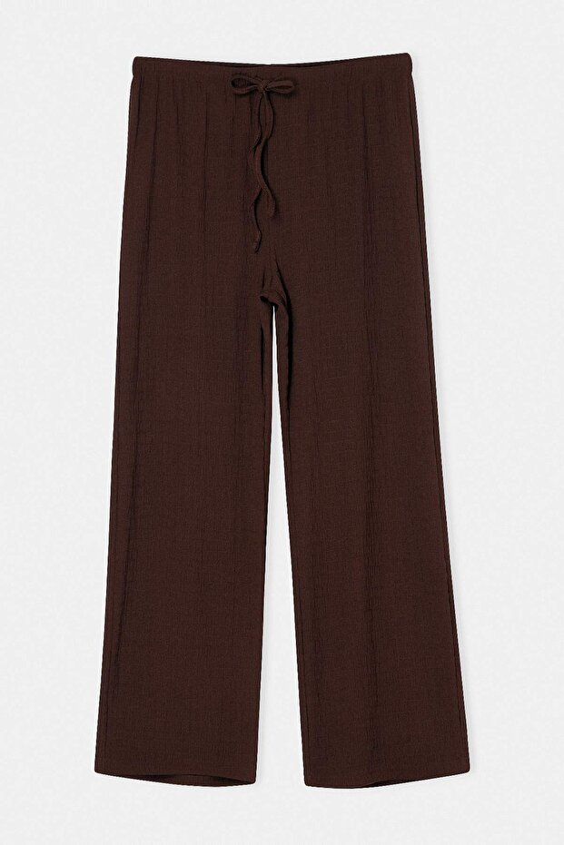 Kahverengi Dokulu Beli Bağcıklı Geniş Paça Büyük Beden Pantolon TBBSS26AR00038 - 5