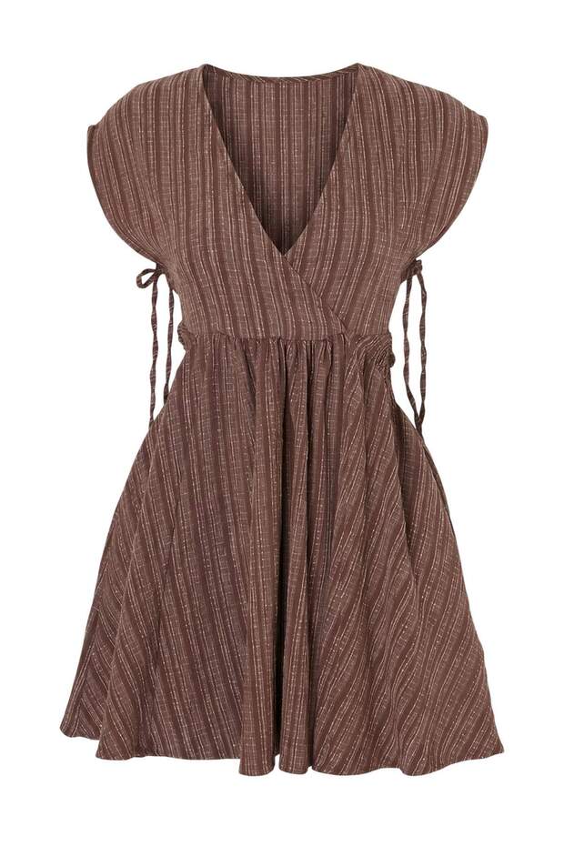 Kahverengi Dokuma Cut Out Detaylı Plaj Mini Elbise TBESS24EL00075 - 4
