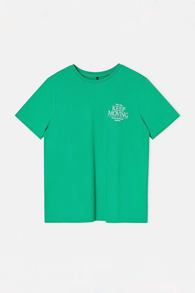 Yeşil Sırtı Baskılı Relaxed Fit Örme Büyük Beden T-shirt TBBSS25BF00059 - 4