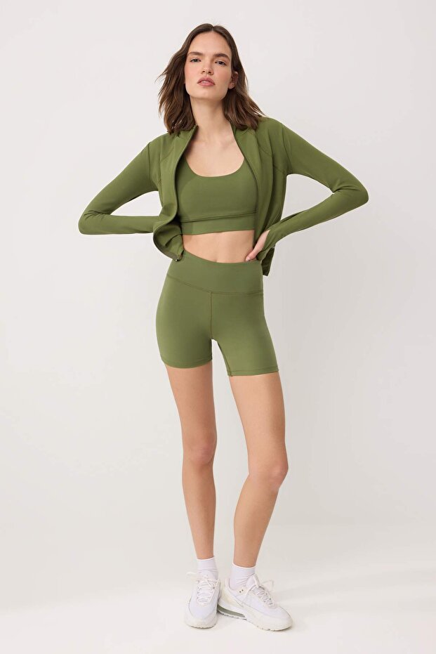 Haki Fırçalı Soft Kumaş İç Bel Cep Detaylı Örme Spor Şort/Kısa Tayt THMSS24TY00020