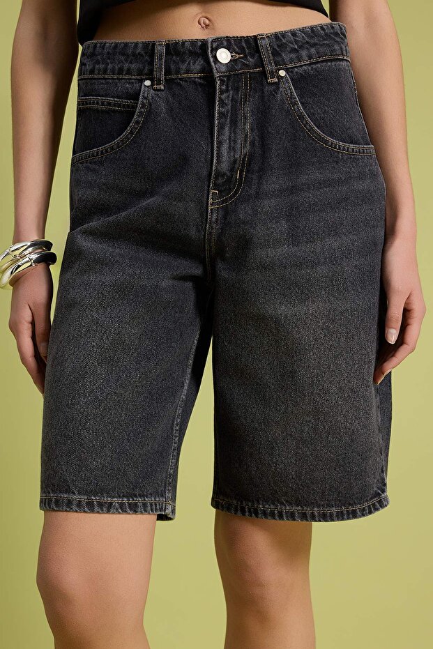 Antrasit %100 Pamuk Yüksek Bel Denim Bermuda TWOSS26SR00106 - 3