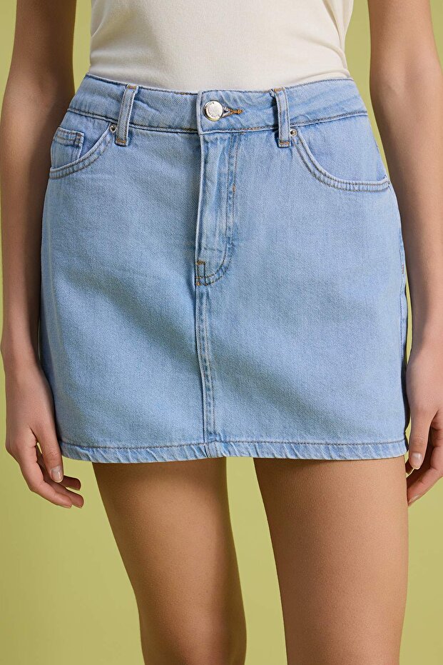 Açık Mavi %100 Pamuk Yüksek Bel Denim Şort Etek TWOSS26SR00110 - 3