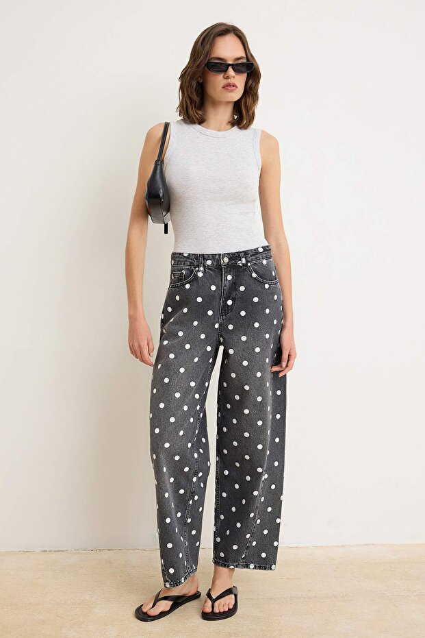 Antrasit Puantiyeli Yüksek Bel Baggy Jeans TWOSS26JE00335 - 1
