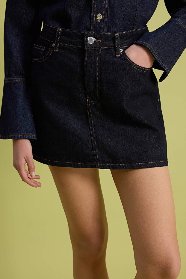 Koyu Mavi %100 Pamuk Yüksek Bel Denim Şort Etek TWOSS26SR00110 - 3