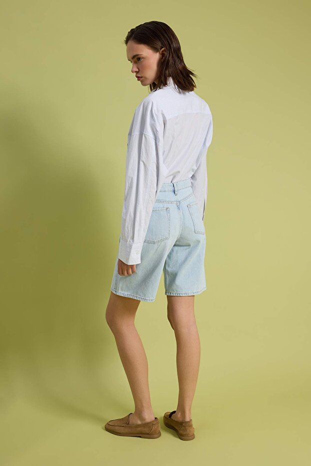 Açık Mavi %100 Pamuk Yüksek Bel Denim Bermuda TWOSS26SR00221 - 3