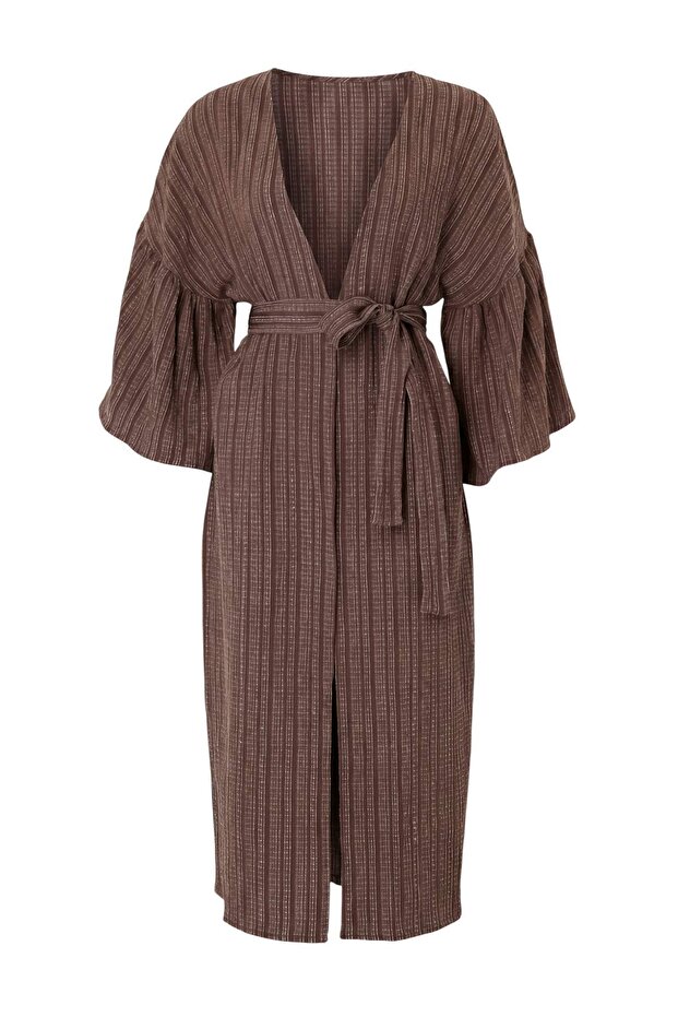 Kahverengi Dokuma Maxi Plaj Kuşaklı Kimono&Kaftan TBESS23KM00028 - 5