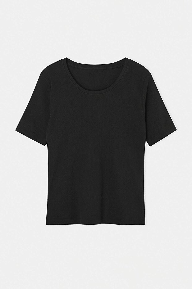 Siyah Bisiklet Yaka Basic Kaşkorse Örme Büyük Beden Bluz TBBSS26AF00131 - 3