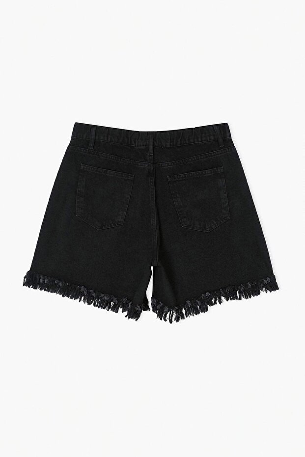 Siyah Yırtıklı Yüksek Lastikli Bel Mini %100 Pamuk Non-Stretch Büyük Beden Denim Şort TBBSS26AP00022 - 6