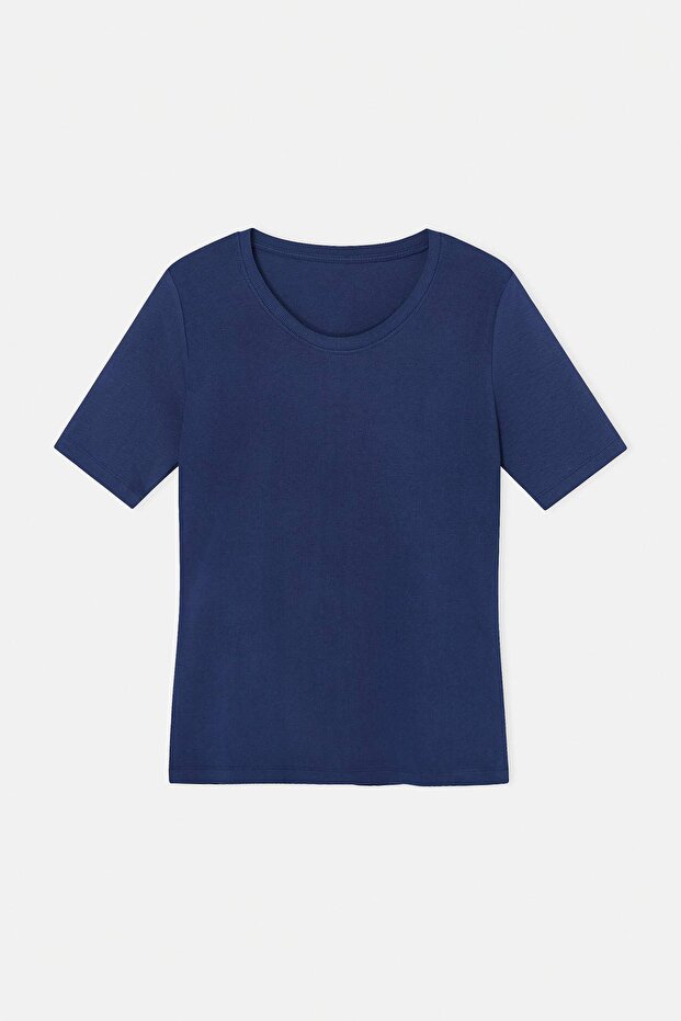 Gri Melanj-Lacivert 2'li Paket Bisiklet Yaka Basic Kaşkorse Örme Büyük Beden Bluz TBBSS26AF00131 - 9
