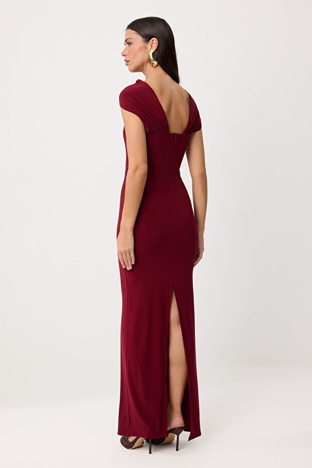 Bordo Düz Dokuma Sandy Maxi Abiye & Mezuniyet Elbisesi - 5