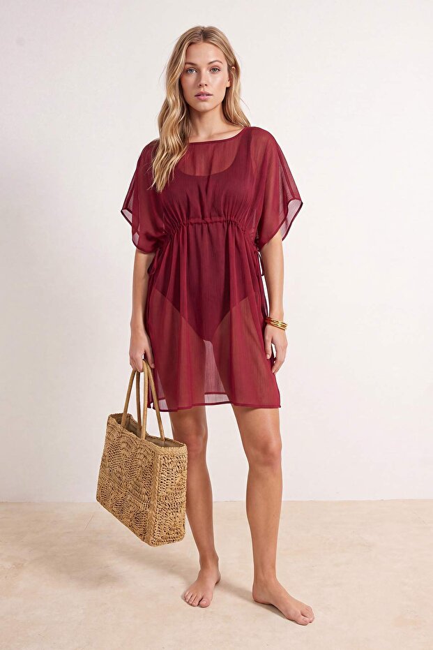 Bordo Dokuma Mini Büzgülü Plaj Elbisesi TBESS26EL00037 - 2