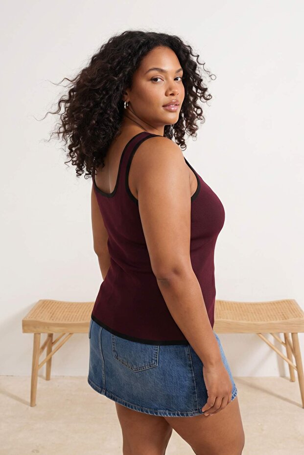 Bordo Çizgi Detaylı Kare Yaka Bodycon İnce Triko Bluz TBBSS24AF00052 - 3