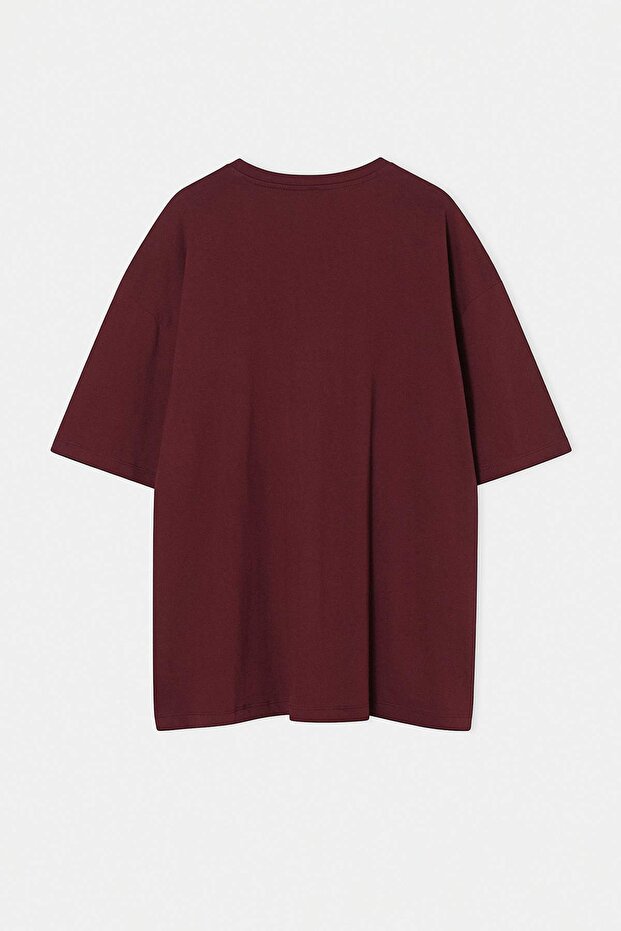 Büyük Beden Bordo Oversize/Geniş %100 Pamuk Slogan Baskılı T-Shirt TMNSS26BF00004 - 6