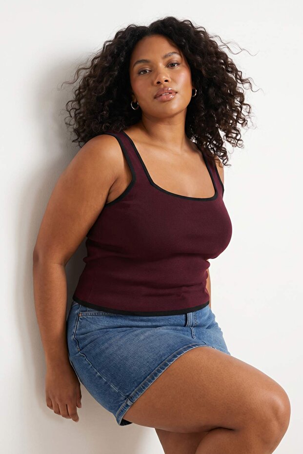Bordo Çizgi Detaylı Kare Yaka Bodycon İnce Triko Bluz TBBSS24AF00052 - 1