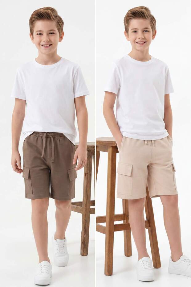 Brown-Beige 2-Piece Boys' Cotton Knitted Shorts with Elastic Waist and Cargo Pockets Tkdss25Sr00006