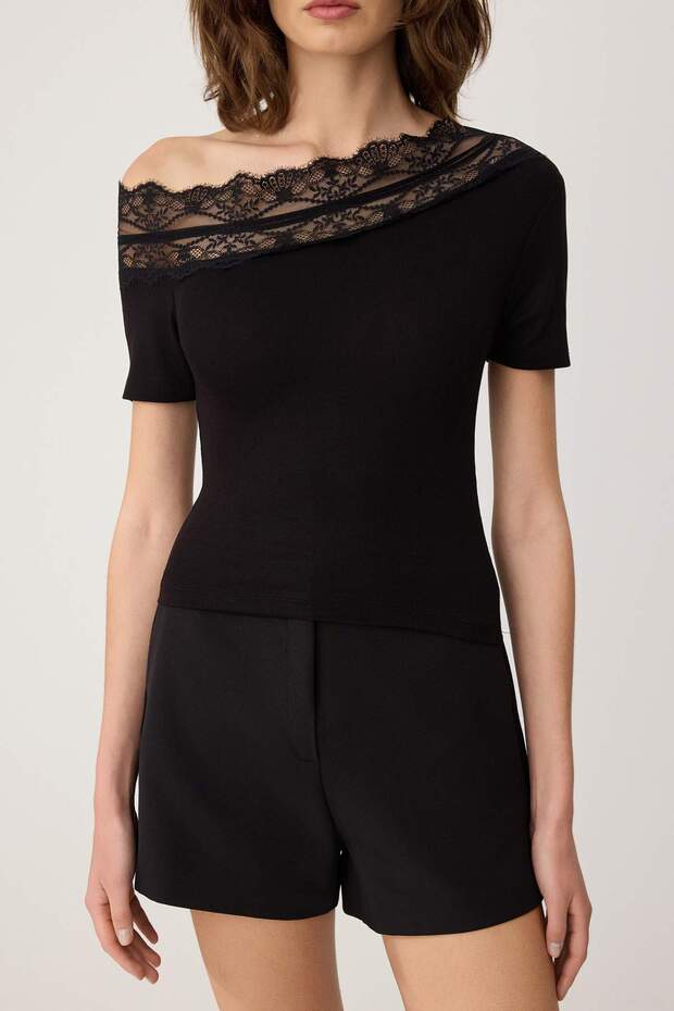 Siyah Fitted/Vücuda Oturan Carmen Yaka Dantel Detaylı Crop/Kısa Yumuşak Örme Bluz TWOSS26BZ00784 - 3