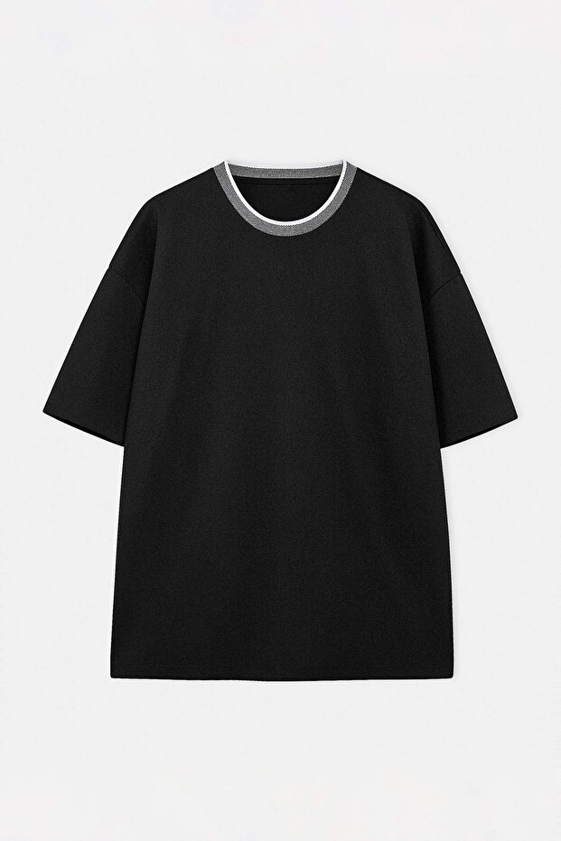 Büyük Beden Siyah Oversize/Geniş Kesim Triko Bantlı Dokulu Pike T-Shirt TMNSS25BF00021 - 4
