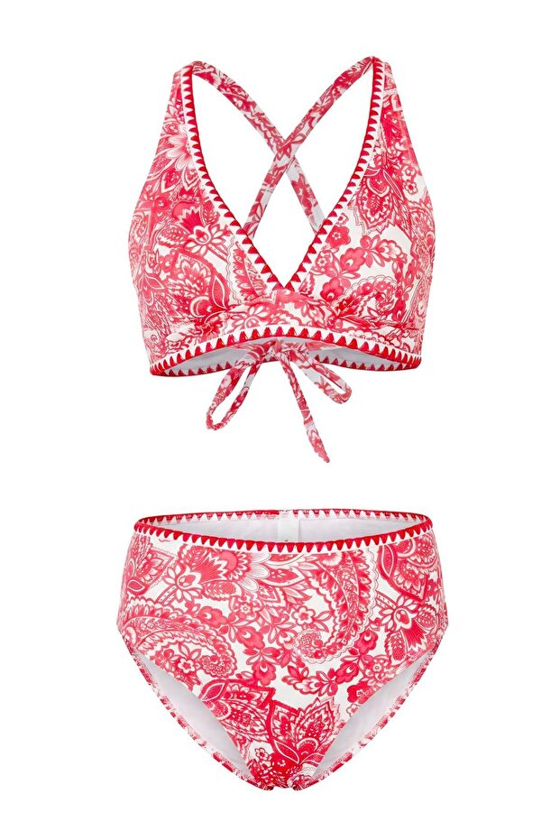 Etnik Desenli Üçgen Nakış Detaylı Kaplı Yüksek Bel Regular Bikini Takımı TBESS26BT00021 - 4