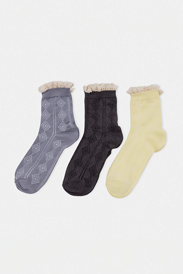 Sarı-Gri-Kahverengi 3'lü Pamuklu Ajurlu Dantel Detaylı Jakar Örme Çorap THMAW25CO00002 - 1