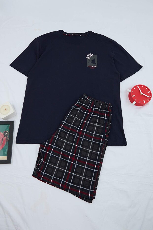 Lacivert Regular Kesim Köpek Balığı Baskılı Ekose Örme Pijama Takımı TMNSS26PT00060 - 2