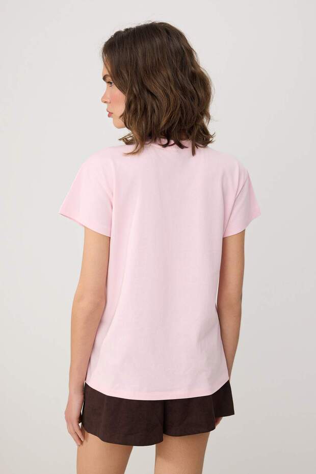 Pembe Regular/Normal Kalıp Düşük Kol Kısa Kollu Pamuklu Örme T shirt TWOSS26TS00278 - 4