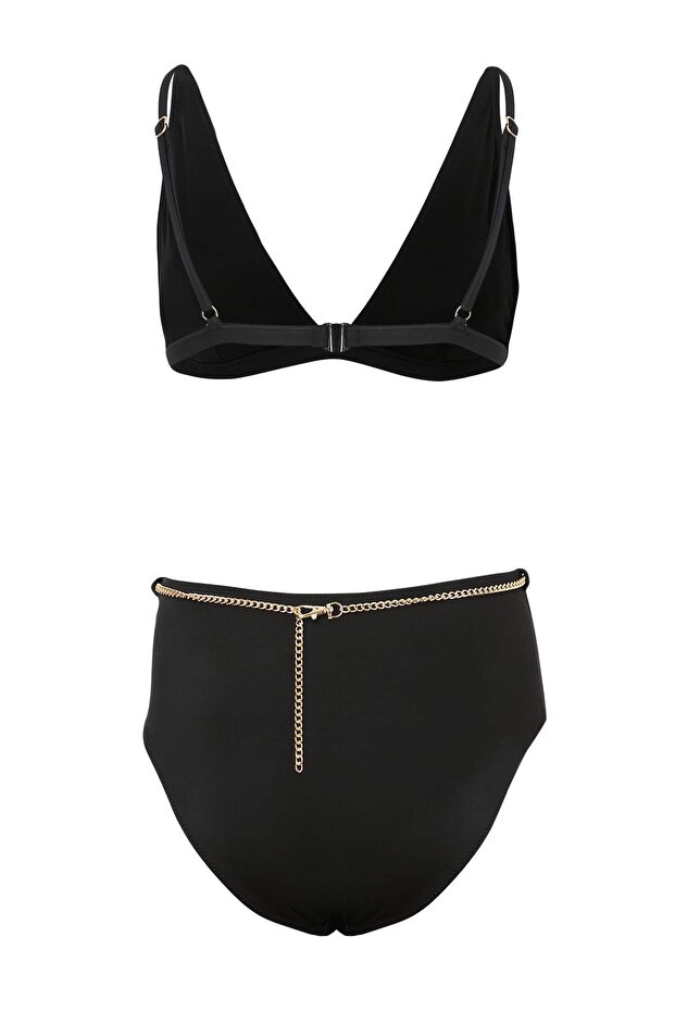 Siyah Üçgen Kaplı Zincir Charm Aksesuarlı Yüksek Bel Regular Bikini Takımı TBESS26BT00104 - 6