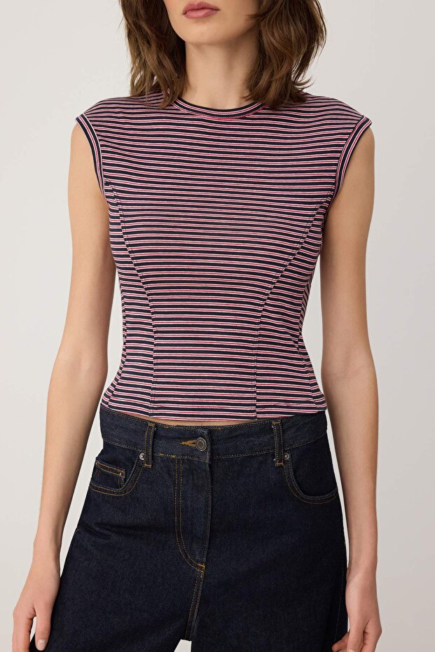 Çok Renkli Fitted/Vücuda Oturan Kolsuz Crop/Kısa Pamuk Ribana Örme Atlet TWOSS26AL00083 - 3