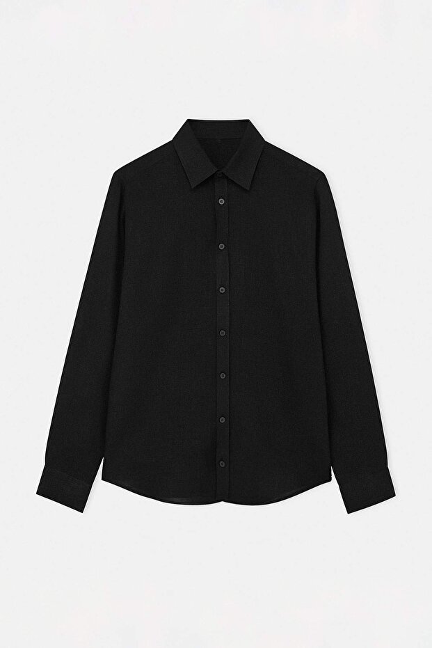 Siyah Keten Karışımlı Regular Fit Yazlık Erkek Gömlek TMNSS26GO00018 - 4