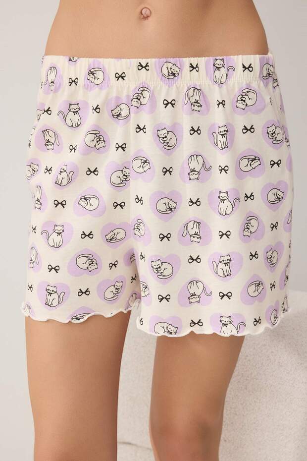 Lila %100 Pamuklu Kedi ve Kurdele Baskılı Örme Pijama Takımı THMSS26PT00173 - 3