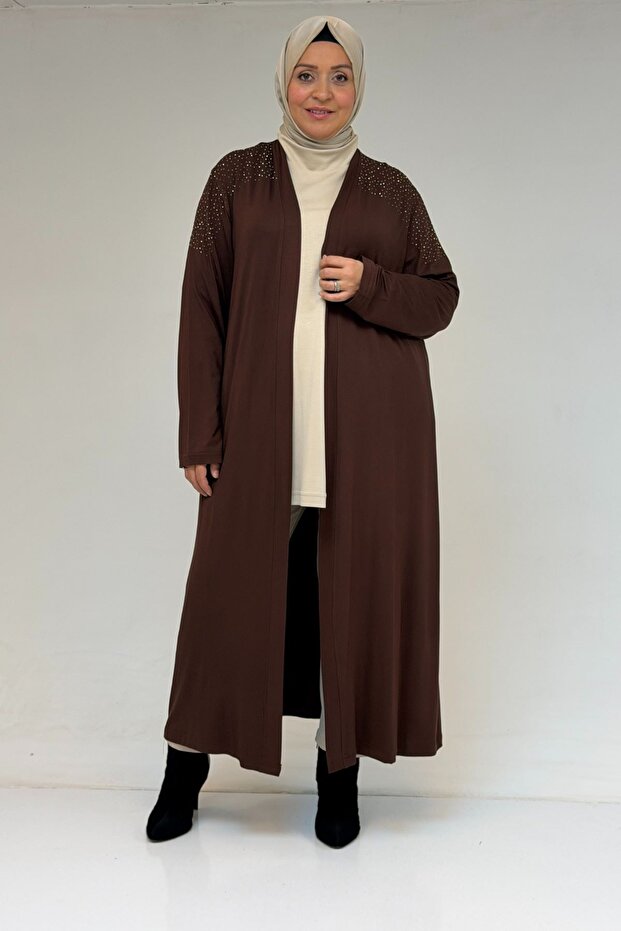 53069 Plus Size Shoulder Stone Detailed Combed Cotton Jacket - Brown