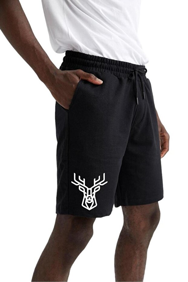 DEER PRINTED BLACK MEN'S SHORTS