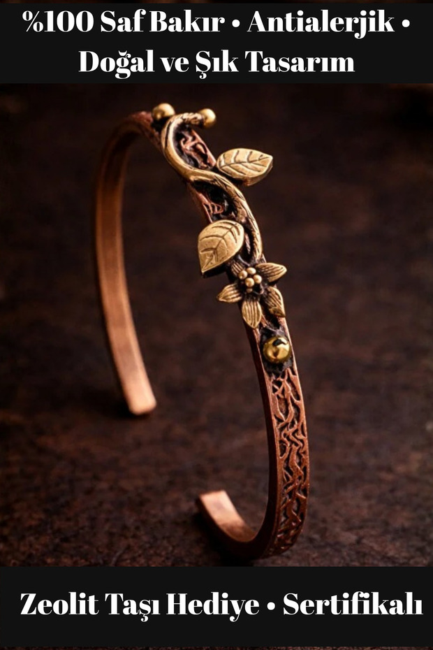 Women's Copper Bracelet Double Leaf and Flower Model Antiallergic Pure Copper Bracelet