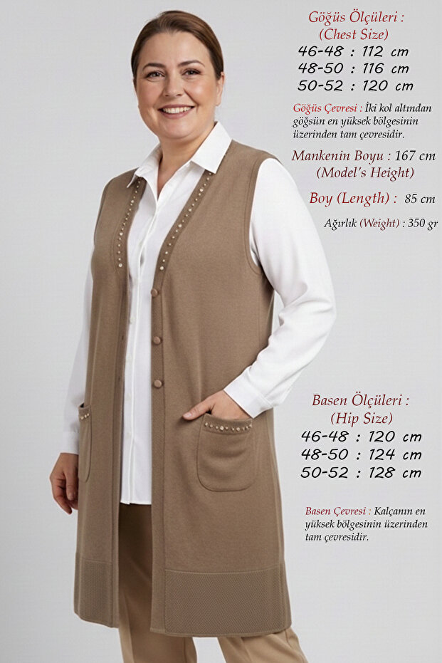 Women's Light Beige Plus Size Knitwear Vest with Pearls