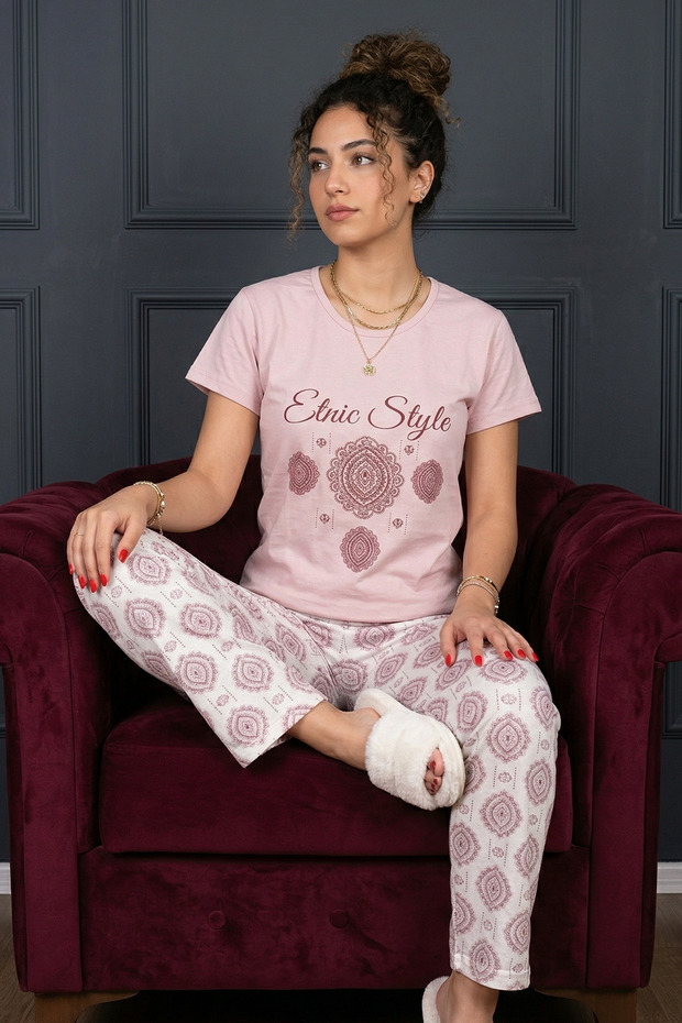 Women's Ethnic Style Slogan and Patterned Bottom Short Sleeve Pajama Set