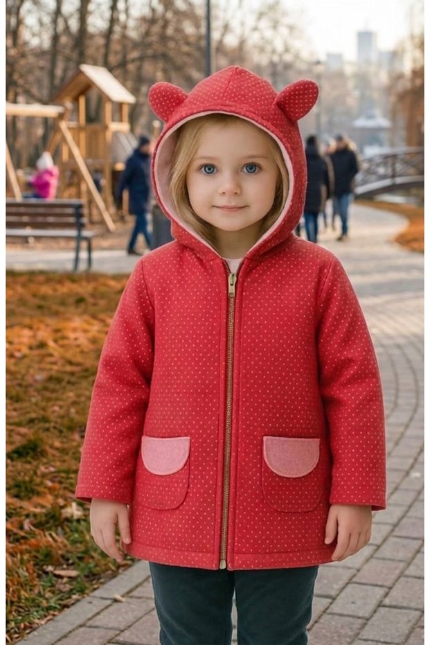 Girl's Baby Pink Red Navy Blue Polka Dot Patterned Hooded Cute Stylish Coat Jacket