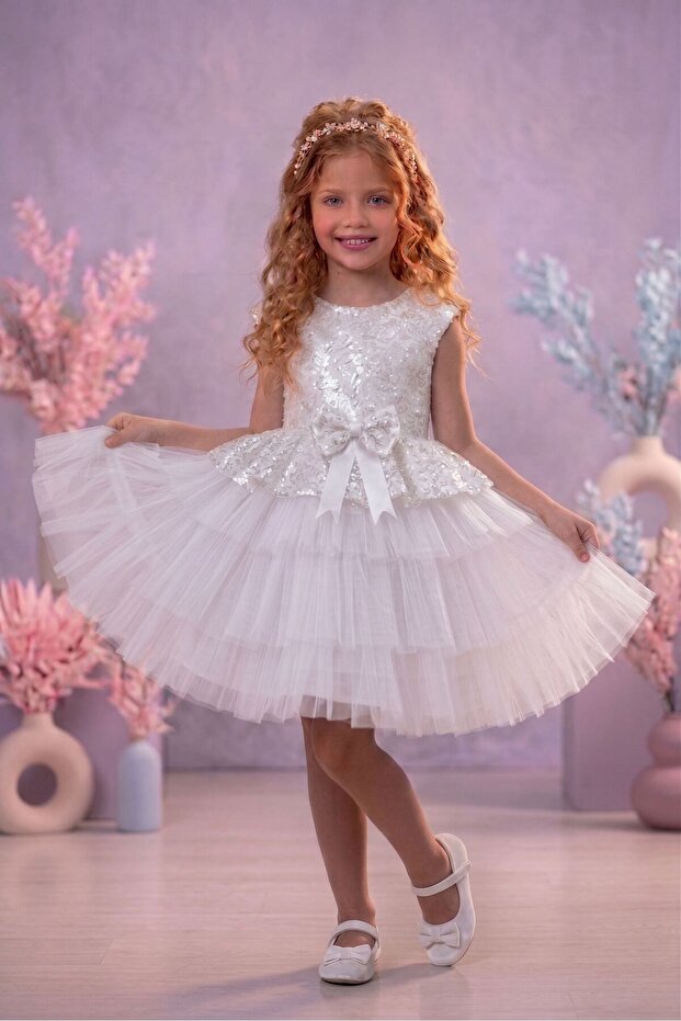 Girl's White Sequin Birthday Evening Dress Tulle Dress