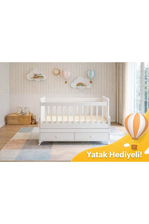 BANANA BABY KOZA Yatak Hediyeli Anneyanı Sallanır Sabitlenir Çekmeceli 60*120 Beşik