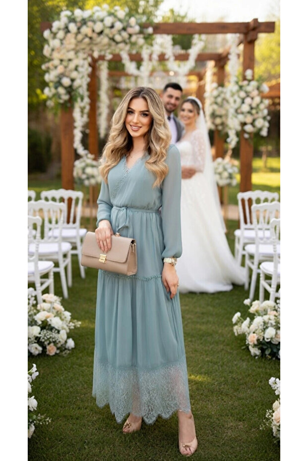Long Sleeve Skirt Tip Laced Dress - Water Green