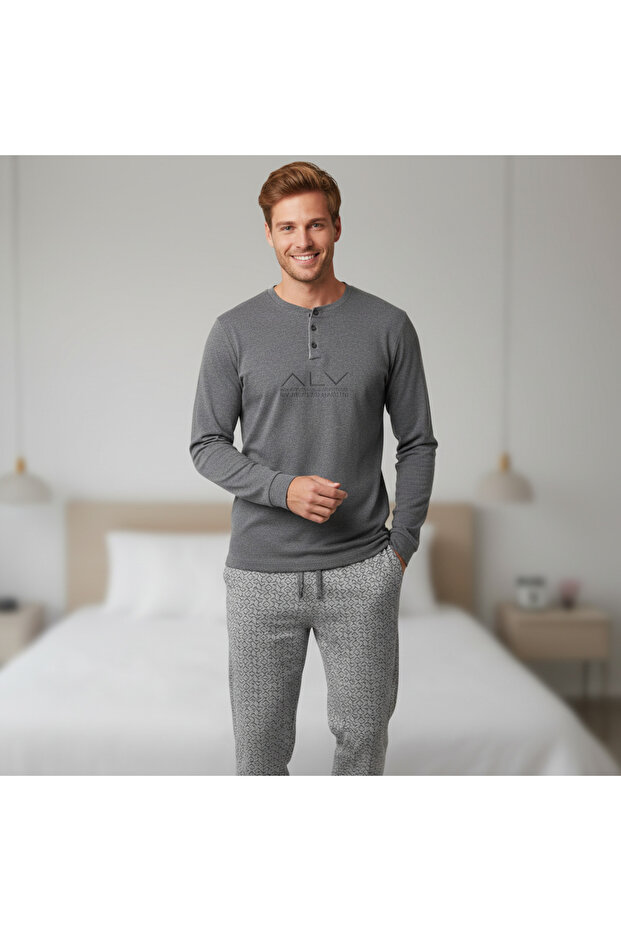 BONBON Erkek Pamuklu Gri Melanj Renk Pijama Takımı AL001 V2