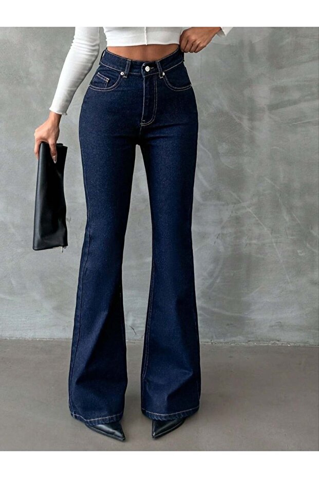 High Waist Flared Jean Pants - Full P Cotton U Flare Denim with Distressed Detail