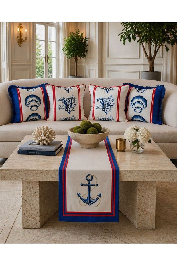 Marine Themed 5-Piece Combination Throw Pillow Cover and Runner Set (Ribbed and Fringed)