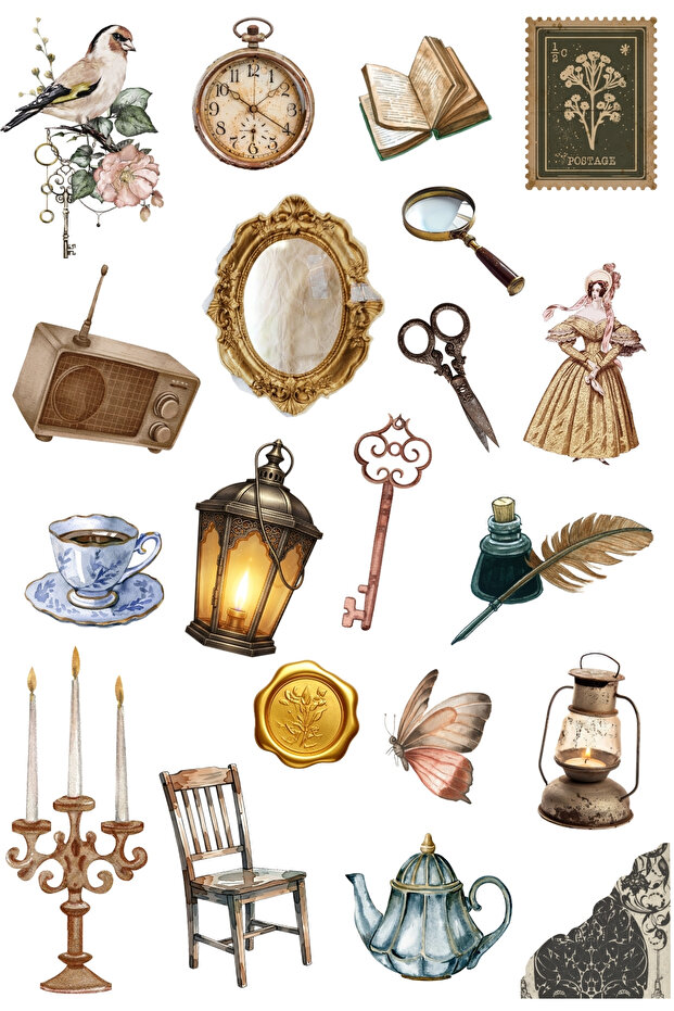 Mixed Vintage Figures 400Pcs Sticker Set (20 Sheets) Antique Items, Old Style Fashion Stickers