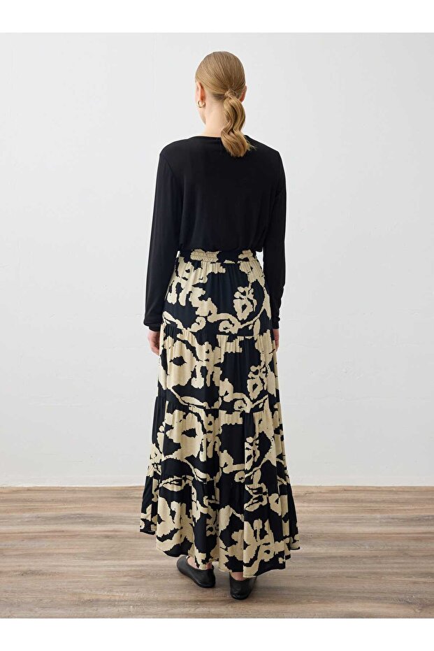 Printed Viscous Skirt - Black - Beige Patterned - Refka - 6